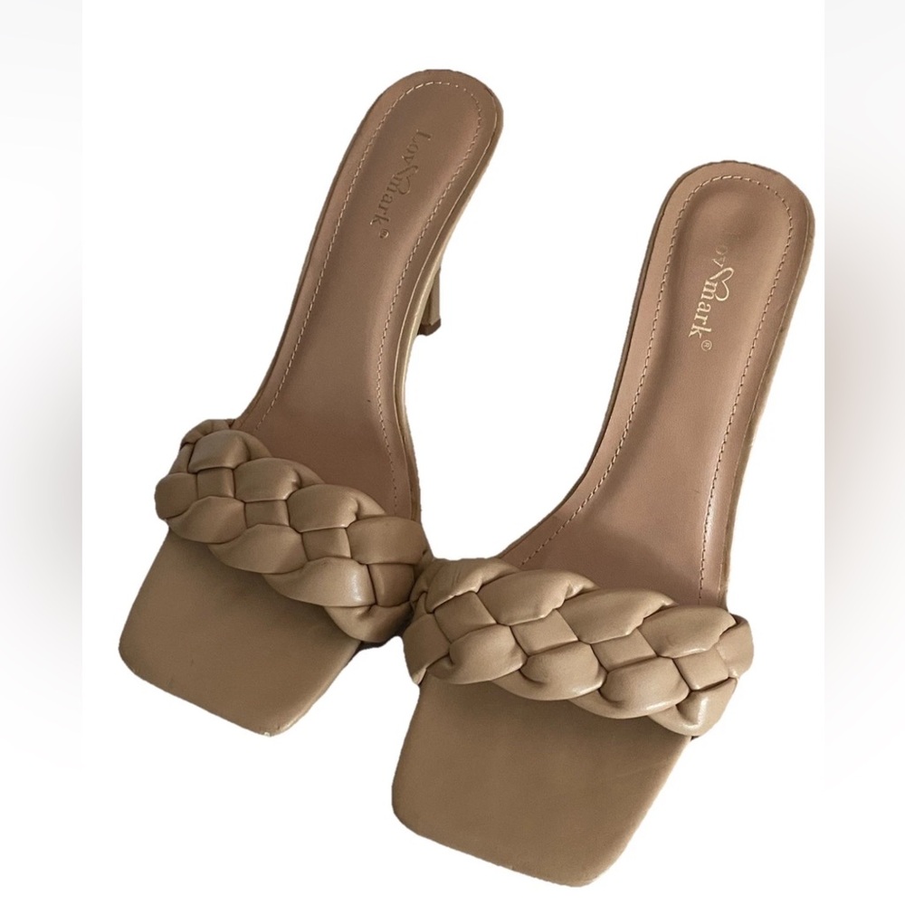 Lov Mark ❤️ Braided Strap Square Toe Ashley Mule Heeled Sandal Women’s Sz 8 Nude - Picture 6 of 13